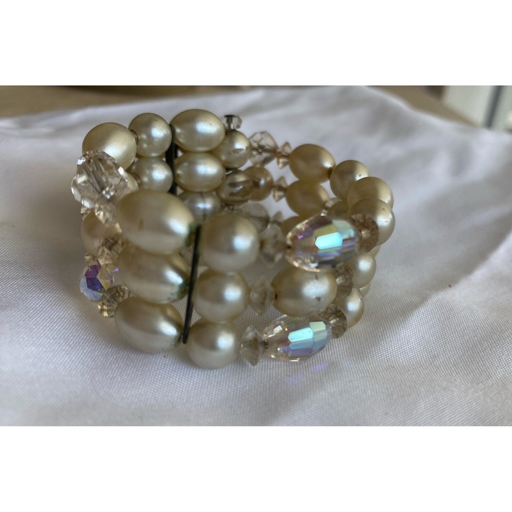 Vintage Pearl Or Faux Pearl & Glass Multi Strand Bead Cuff Bracelet 8"‎